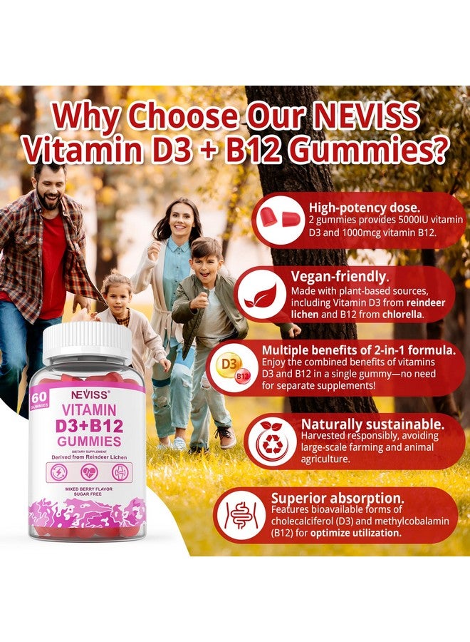 NEVISS 2Pack Vegan Vitamin D3 + Vitamin B12 Gummies, High Potency Vitamin D3 5000IU & 1000 mcg Methylated B12, Vitamin D3 and B12 for Adults, Support Bone Health, Immune & Energy Supplement, 120 Count - Image 3