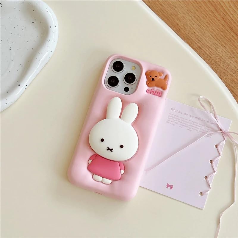 COVERLY For iPhone 15 3D Miffies Bunny Cute Cartoon Case,Full Protective Case Kawaii Adorable Miffy Rabbit Pink Floral Pop Case With Holder Soft Silicone Fashion Aesthetic Cover For Apple iPhone 15 - Image 5