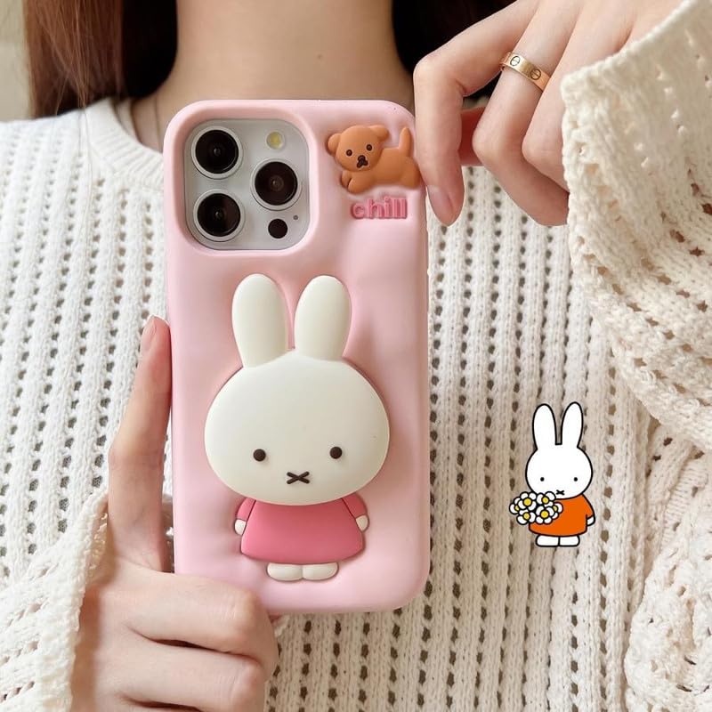 COVERLY For iPhone 15 3D Miffies Bunny Cute Cartoon Case,Full Protective Case Kawaii Adorable Miffy Rabbit Pink Floral Pop Case With Holder Soft Silicone Fashion Aesthetic Cover For Apple iPhone 15 - Image 1