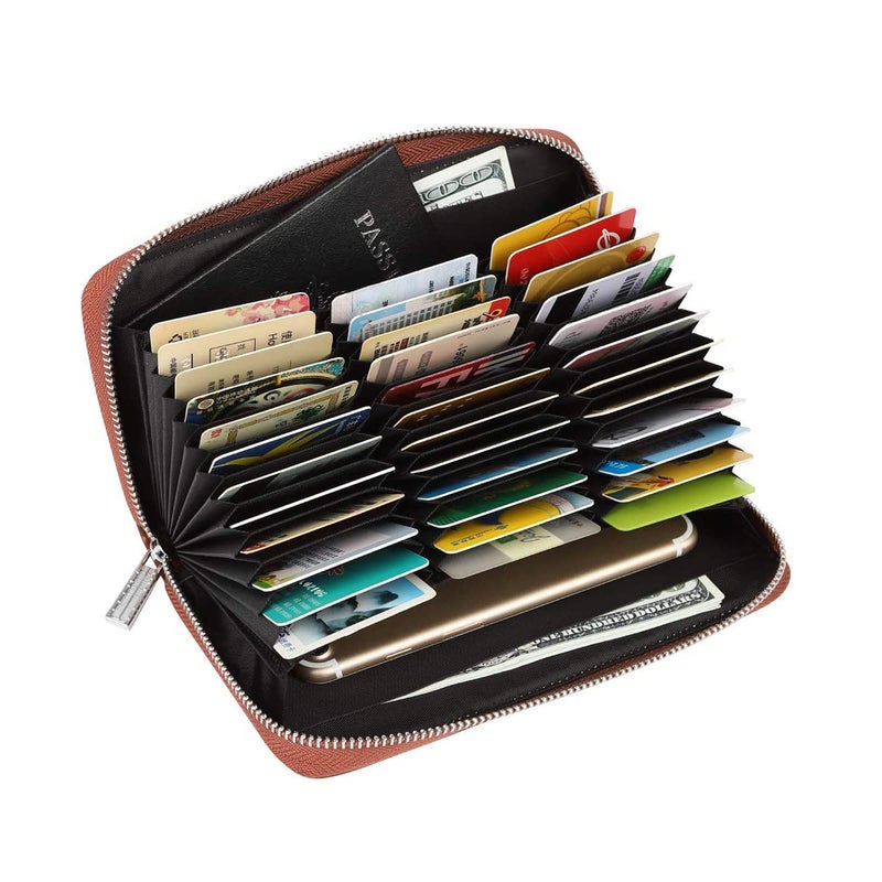 Cynure Women 36 Slots RFID Blocking Card Holder Large Long Leather Zipper Organizer Accordion Wallet,Brown - Image 2