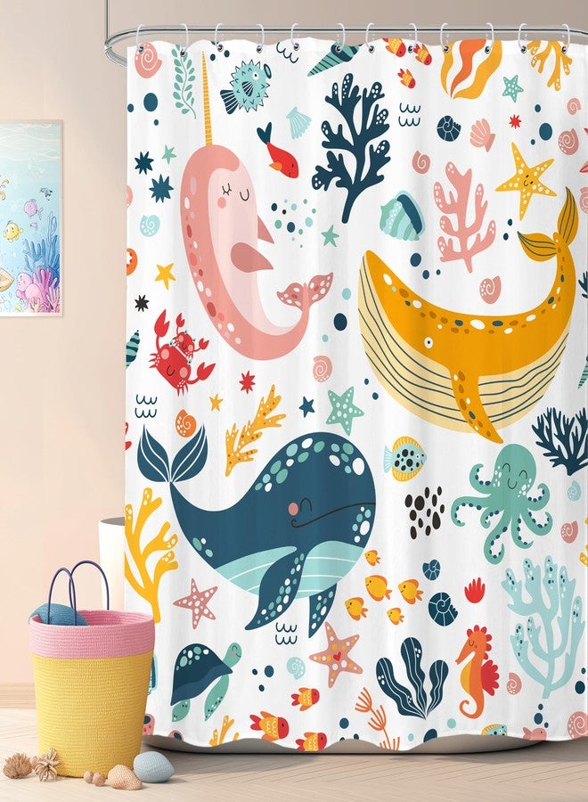 LGhtyro Kids Whale Shower Curtain Bathroom Sets 60Wx71H Inches Fish Ocean Sealife Underwater Coral Starfish Cute Cartoon Unisex Neutral Bath Accessories for Boys Girls Home Decor Fabric 12 Pack Hooks - Image 1