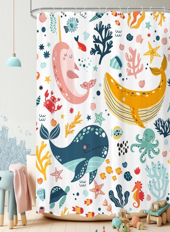 LGhtyro Kids Whale Shower Curtain Bathroom Sets 60Wx71H Inches Fish Ocean Sealife Underwater Coral Starfish Cute Cartoon Unisex Neutral Bath Accessories for Boys Girls Home Decor Fabric 12 Pack Hooks - Image 2