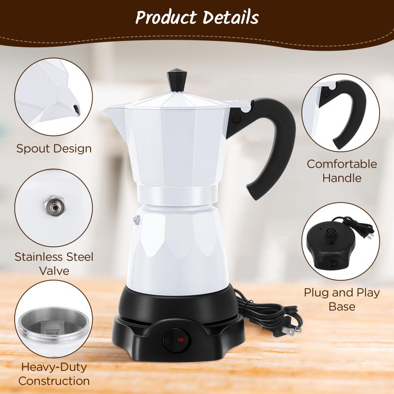 Lemosae Coffee Pot 6 Cup Electric Espresso Coffee Maker Italian Moka Maker 300ml Portable Aluminum Espresso Machine Cafetera Moka Pot with Detachable Base, Gift for Home Travel(White) - Image 4