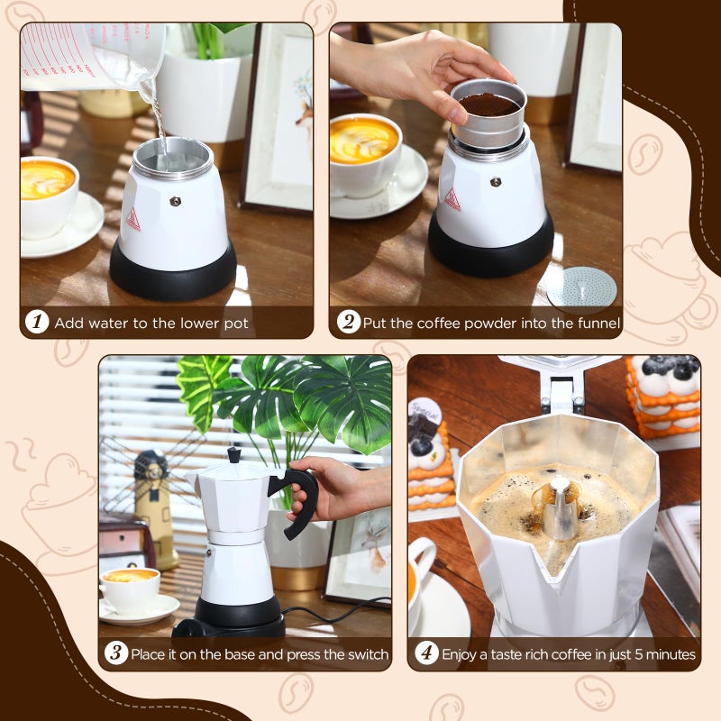 Lemosae Coffee Pot 6 Cup Electric Espresso Coffee Maker Italian Moka Maker 300ml Portable Aluminum Espresso Machine Cafetera Moka Pot with Detachable Base, Gift for Home Travel(White) - Image 5