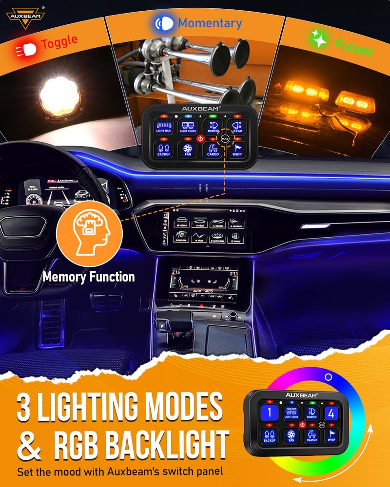 Auxbeam Switch Panel RB80 RGB 8 Gang Switch Panel Auto-Dimmable Multifunction Switch Panel w/Momentary Toggle Pulsed Memory, Aluminum Switch Panel for Truck Boat Car RV Waterproof, 2-Year Warranty - Image 2