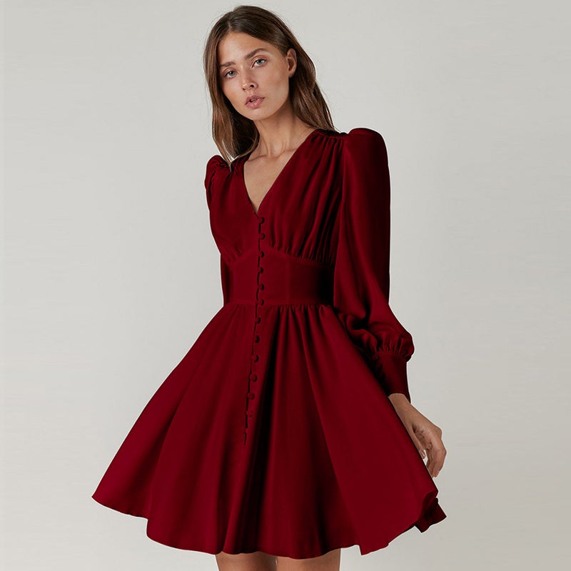 2022 Autumn and Winter New Womens European and American Short Skirt Design Sense Shirt Dress French Dress Elegant Palace Dress Green - Image 2