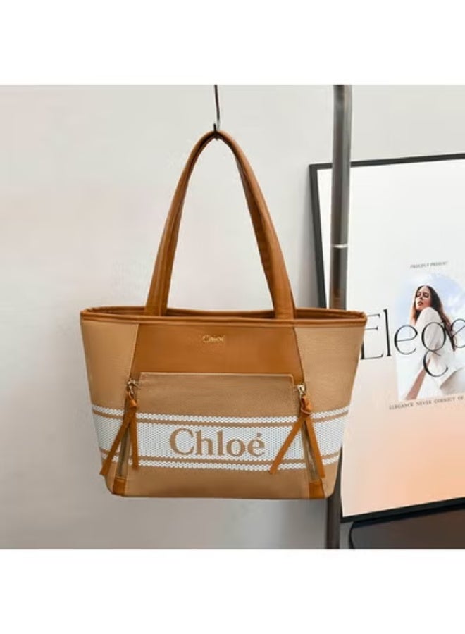 Chloe Canvas - Leather Tote：Logo Stripes, Warm - Tone Sophistication  41cm*25cm*15cm - Image 3