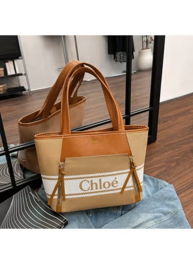 Chloe Canvas - Leather Tote：Logo Stripes, Warm - Tone Sophistication  41cm*25cm*15cm - Image 1