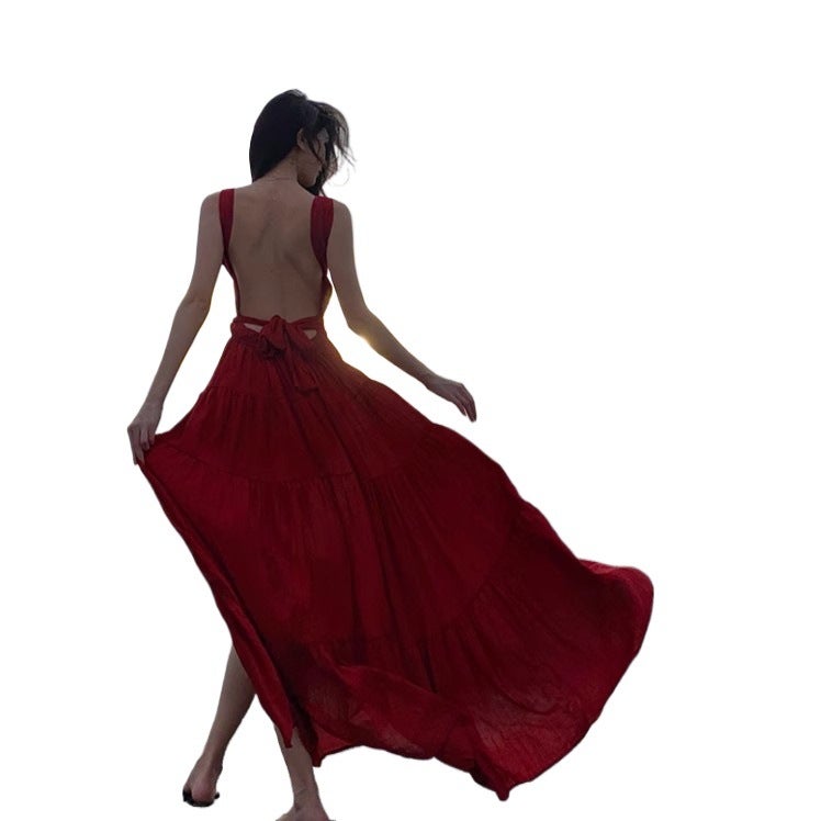 Women's V-Neck Halter Tie Pleated Swing Midi Dress with Side Slit - Image 5