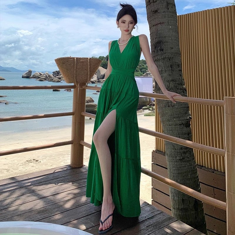 Women's V-Neck Halter Tie Pleated Swing Midi Dress with Side Slit - Image 1