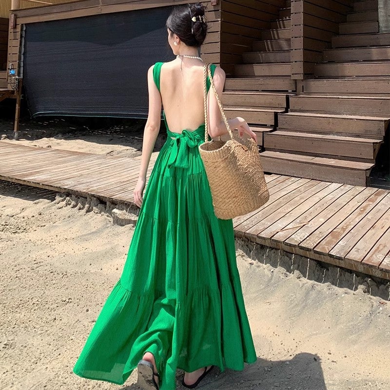 Women's V-Neck Halter Tie Pleated Swing Midi Dress with Side Slit - Image 2