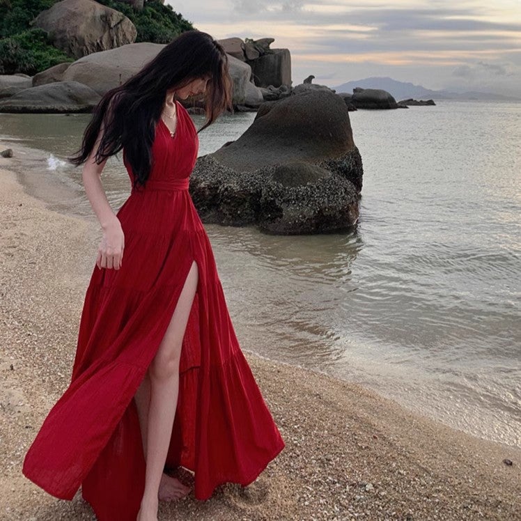 Women's V-Neck Halter Tie Pleated Swing Midi Dress with Side Slit - Image 3