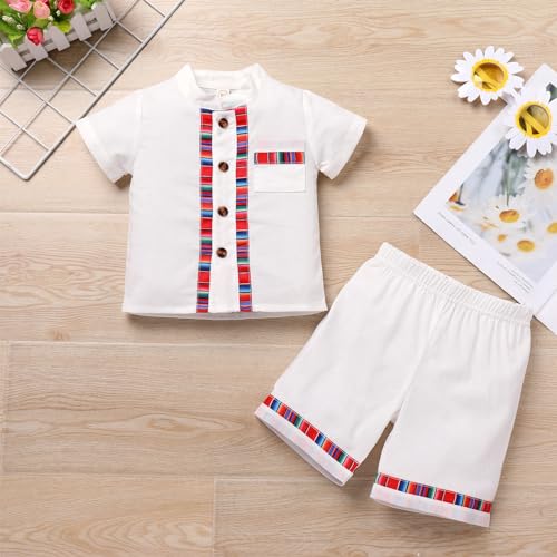 AWIBMK Baby Boys Mexican Outfit Short Sleeve Button Down Embroidery Colorful Detail Guayabera Shirt and Shorts Toddler Kids Traditional Ethnic Wear Cinco De Mayo Fiesta 2 Pieces Clothes - Image 2