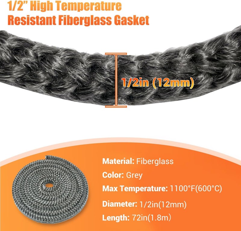 Protalwell Wood Stove Gasket (1/2" x 72" Rope), Wood Stove Door Gasket, Grey Color Fiberglass Gasket, Wood Stove Door Seal, 1/2 in High Temperature Resistant Wood Stove Gasket Rope - Image 2