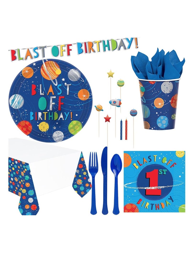 Amscan 1st Birthday Blast Off Premium Tableware Party Supplies Includes Plates, Cups, Cutlery, Napkins, Birthday Candle and Banner for 8 Guests - Image 1