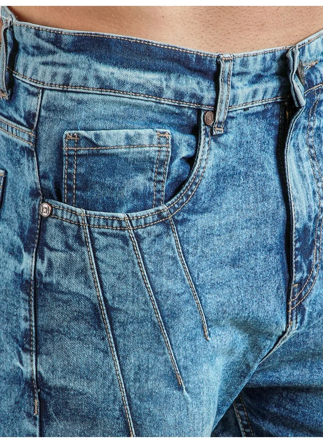 هاي ستار Men's Indigo 100% Cotton Bleached Full Length Tapered Fit Jeans