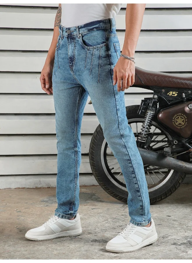 هاي ستار Men's Indigo 100% Cotton Bleached Full Length Tapered Fit Jeans