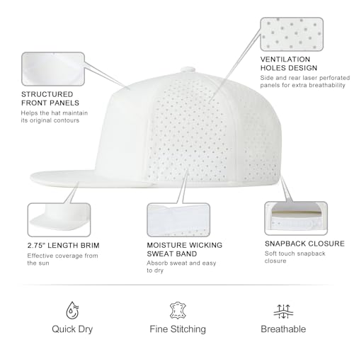 FEINION Men Flat Brim Adjustable Performance Hat Snapback Laser Perforated Baseball Cap (White) - Image 3
