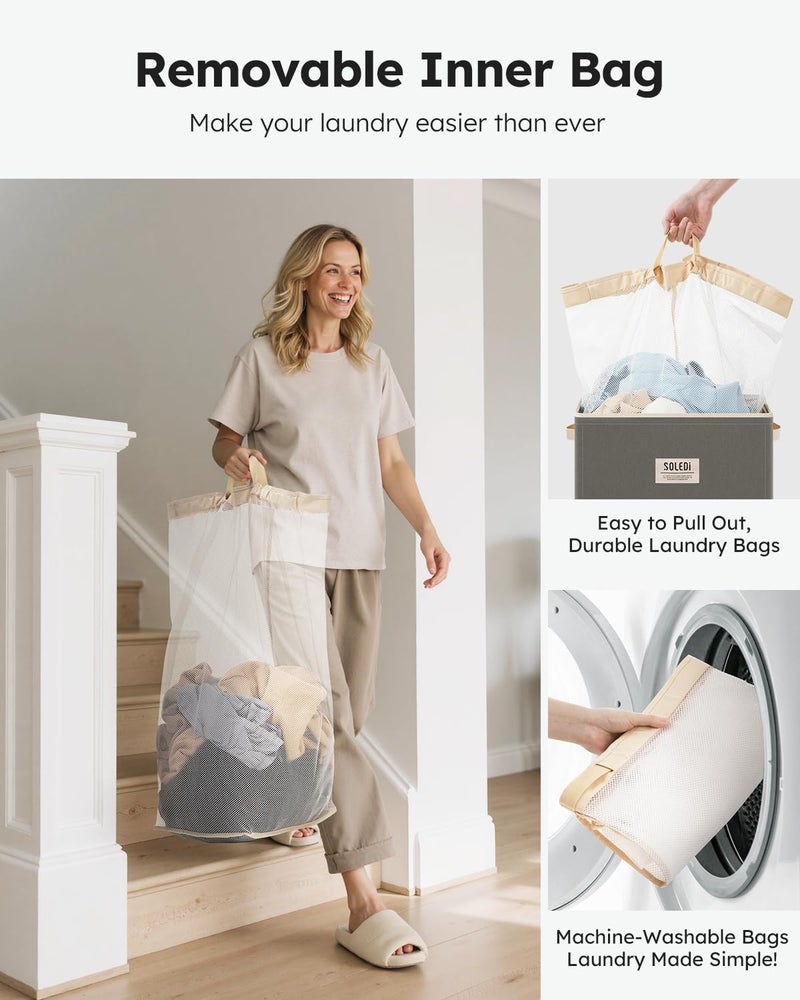 SOLEDI Laundry Hamper with Lid 100L Large & Tall Collapsible Laundry Basket, Clothes Hamper with Bag Removable Easy to Carry, Dirty Hampers for Bedroom, Bathroom, Dorm, College, Cement - Image 4
