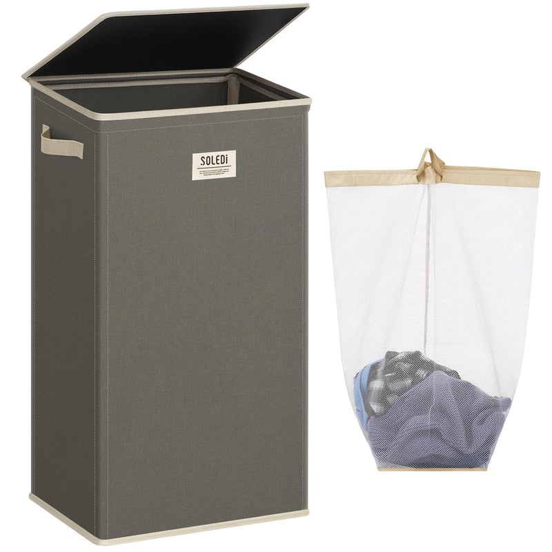 SOLEDI Laundry Hamper with Lid 100L Large & Tall Collapsible Laundry Basket, Clothes Hamper with Bag Removable Easy to Carry, Dirty Hampers for Bedroom, Bathroom, Dorm, College, Cement - Image 1