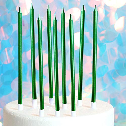 XNOVA 12 Count Long Thin Green Birthday Cake Candles in Holders for Birthday Cupcake Tall Candle 12 Pieces - Image 1
