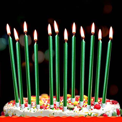 XNOVA 12 Count Long Thin Green Birthday Cake Candles in Holders for Birthday Cupcake Tall Candle 12 Pieces - Image 5