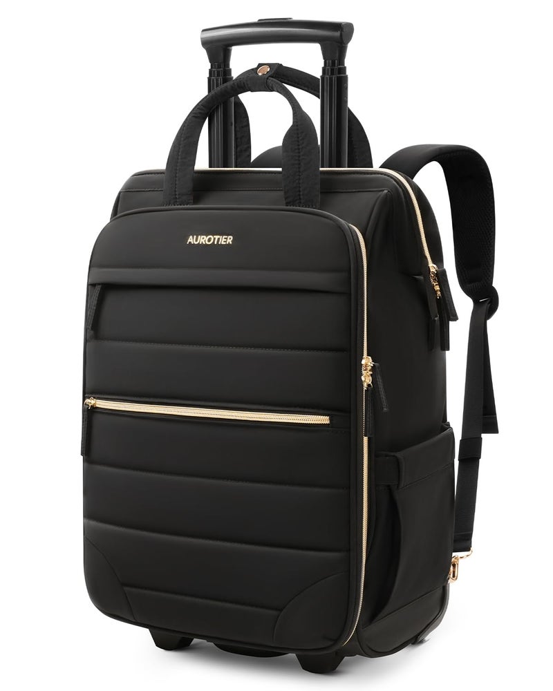 AUROTIER Rolling Puffer Backpack for Women, Travel Backpack with Wheels, 16 Inch Wheeled Laptop Backpck, Dual-Opening Design Overnight College Underseat Carry on Luggage, Roller Business Work Bag, Black - Image 1