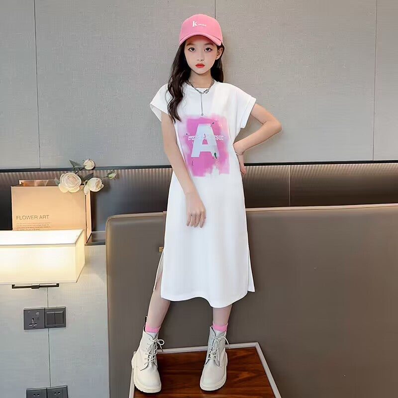 Girls Summer Dress New Style Summer Middle and Big Childrens Fashionable Korean T-Shirt Dress Long Large Childrens Vest Skirt White 