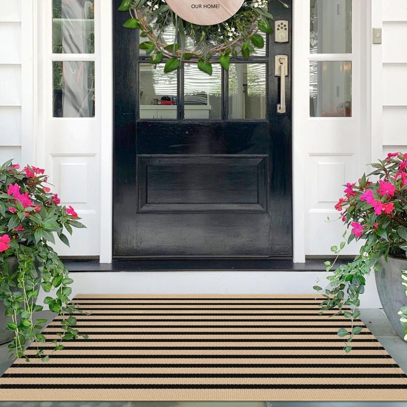IOHOUZE Striped Area Rug 2.3'x3.6' Front Door Rugs Small Washable Area Rug for Front Porch, Spring Summer Welcome Door Mats Outdoor Indoor, Doormat for Entryway Porch Entrance, Tan/Black - Image 1