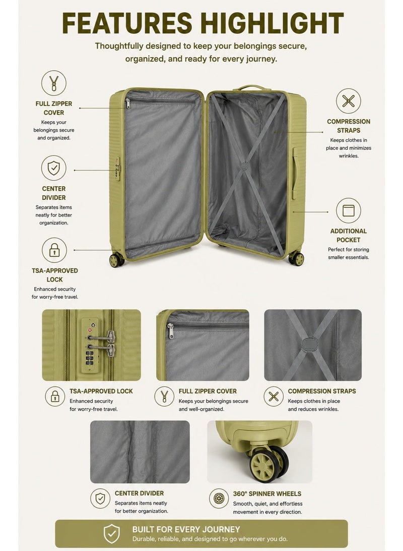 Kamiliant by American Tourister Endevour DW 3pc Set (55 + 68 + 79 cm), 4 Spinner Wheels, Hard Top, Polypropylene, Cress Green|TSA Lock|Internal Divider Pad|Lightweight & Durable|Cross Ribbons - 3 Years International Warranty - Image 2