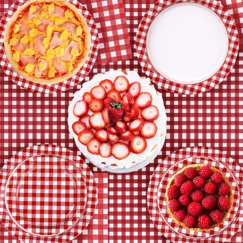Grencian 98Pcs Red and White Gingham Party Supplies Red & White Gingham Party Plates Napkins Tablecloths Disposable Red and White Paper Tableware for Picnic Birthday BBQ Baby Shower Decorations  Serves 24 - Image 2