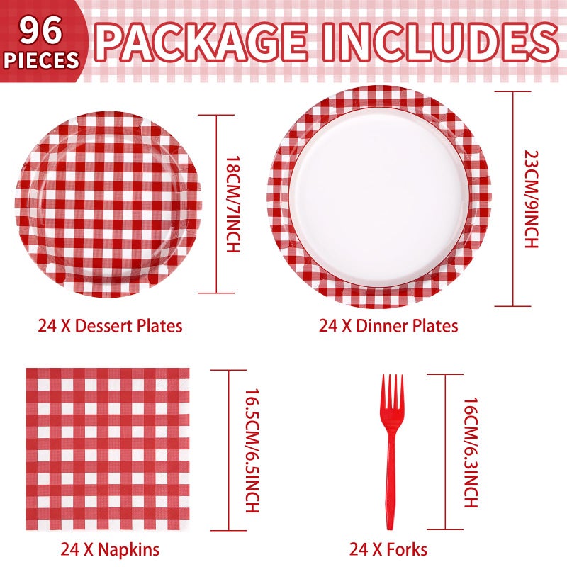 Grencian 98Pcs Red and White Gingham Party Supplies Red & White Gingham Party Plates Napkins Tablecloths Disposable Red and White Paper Tableware for Picnic Birthday BBQ Baby Shower Decorations  Serves 24 - Image 3