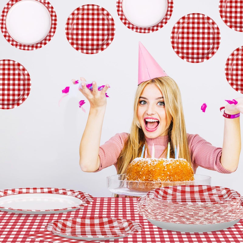 Grencian 98Pcs Red and White Gingham Party Supplies Red & White Gingham Party Plates Napkins Tablecloths Disposable Red and White Paper Tableware for Picnic Birthday BBQ Baby Shower Decorations  Serves 24 - Image 4