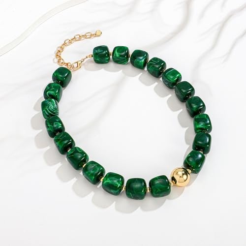 WOWORAMA Green Beaded Necklace for Women Trendy Chunky Statement Choker Necklaces Dark Green Large Square Resin Beads Necklace Y2k Boho Summer Jewelry - Image 4