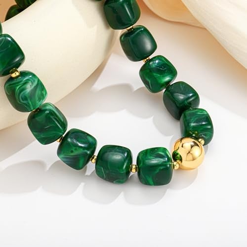 WOWORAMA Green Beaded Necklace for Women Trendy Chunky Statement Choker Necklaces Dark Green Large Square Resin Beads Necklace Y2k Boho Summer Jewelry - Image 5