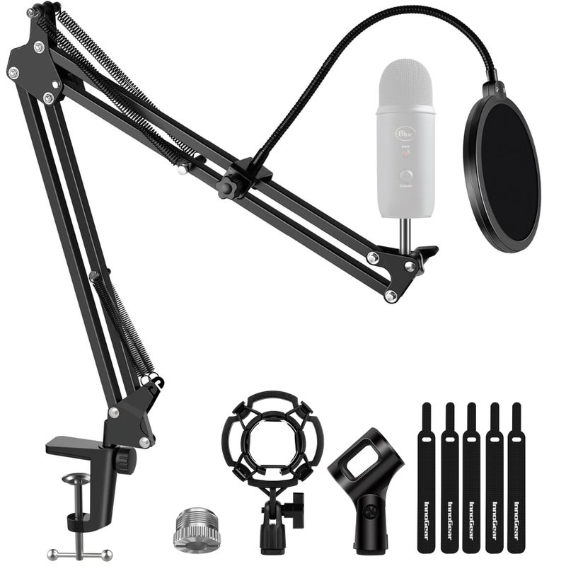 InnoGear Microphone Stand Mic Boom Arm for Blue Yeti HyperX QuadCast S SoloCast Snowball Fifine K669B and other Mic with Shock Mount Windscreen Pop Filter Mic Clip Holder Cable Ties Large