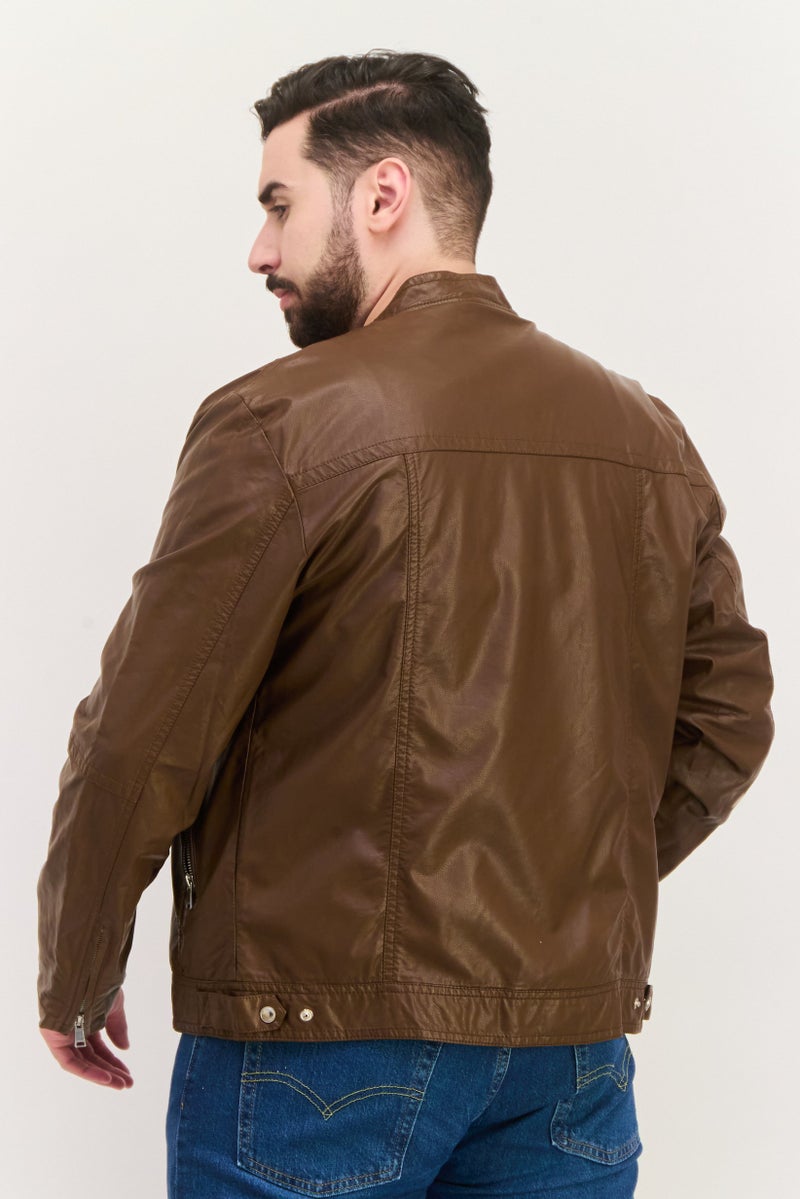 Men Solid Motorcycle Jacket, Brown