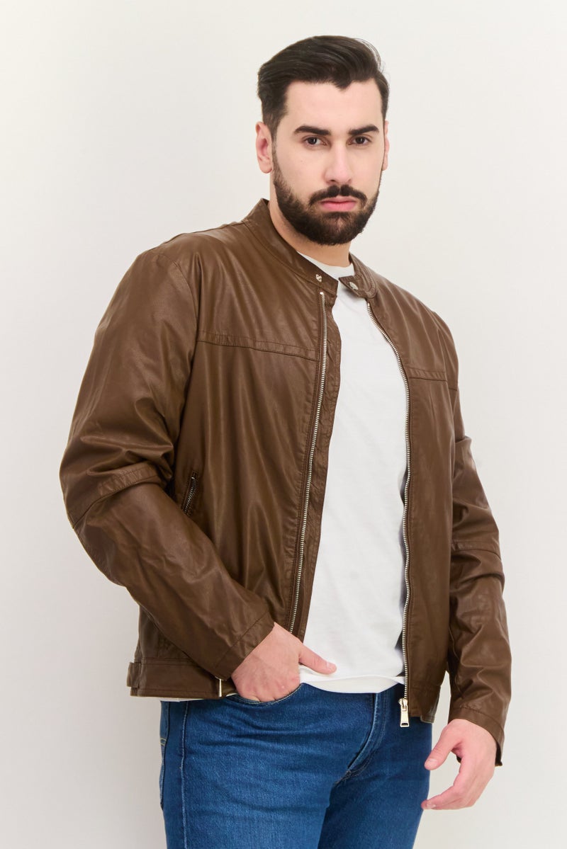 Men Solid Motorcycle Jacket, Brown
