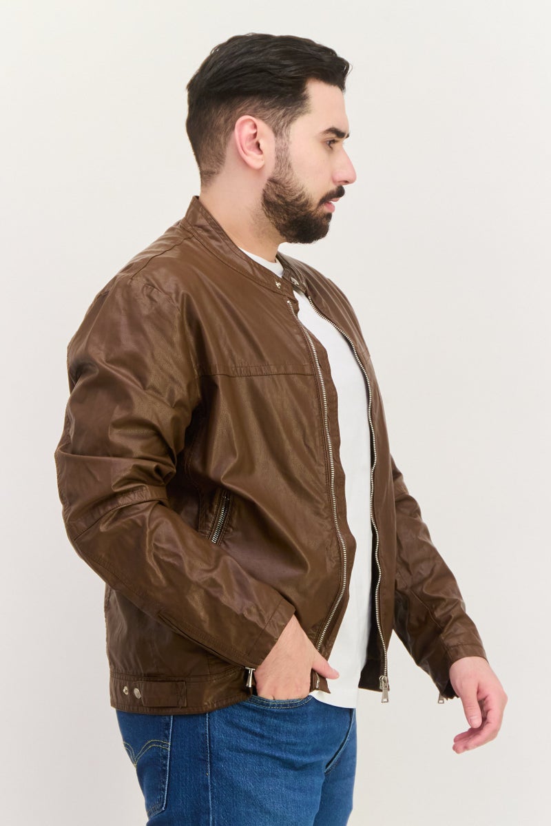 Men Solid Motorcycle Jacket, Brown