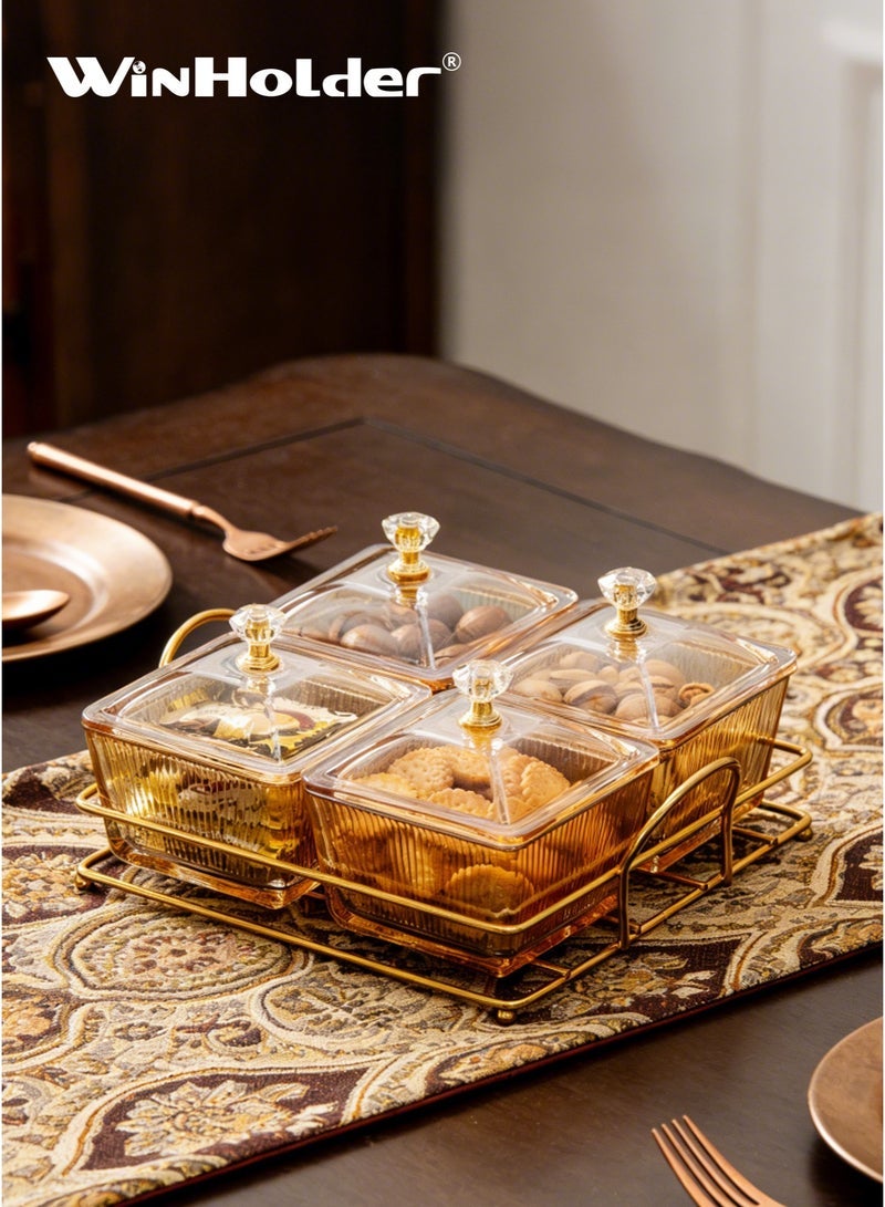 WinHolder Snack Serving Tray with Lid, Divided Serving Dishes 4 Clear Candy Nut Serving Container Set with Metal Rack, Plastic Food Display Bowls Dried Fruit Storage Organizer Plate for Candy Fruit Dips Dessert - Image 1