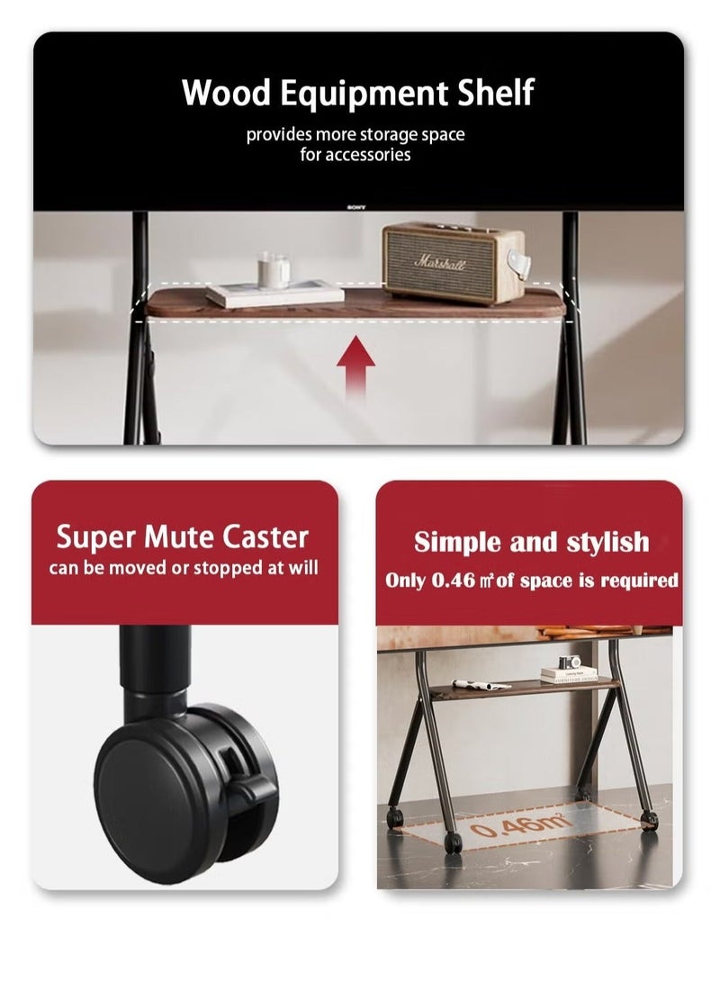 WALALLA TV Stand for 42 to 75Inch LCD LED OLED Screens, Portable TV Stand on Wheels, Height Adjustable Mobile TV Cart with Wood Media Shelf, Heavy Duty Portable TV Stand Up to 110Lbs - Image 3