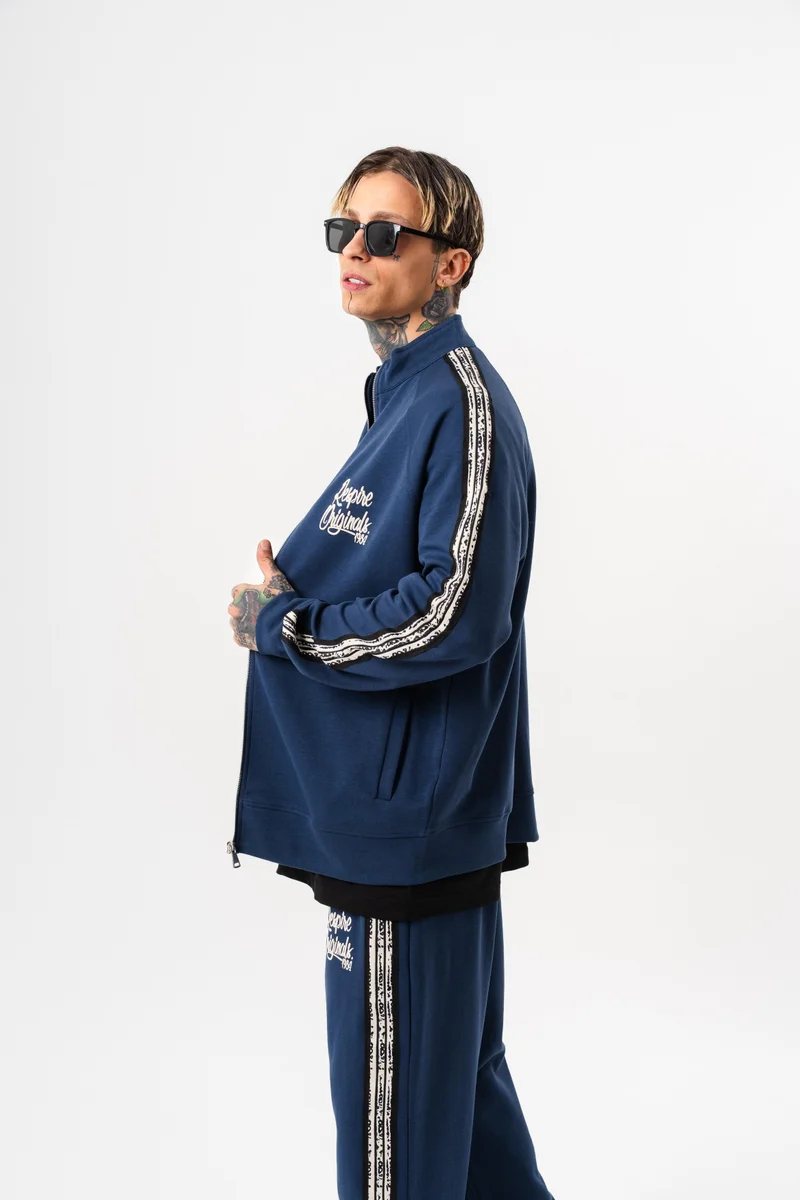 RESPIRE Men's Splash Striped Stand Collar Doubleface Zip Oversize Sweatshirt Navy Blue