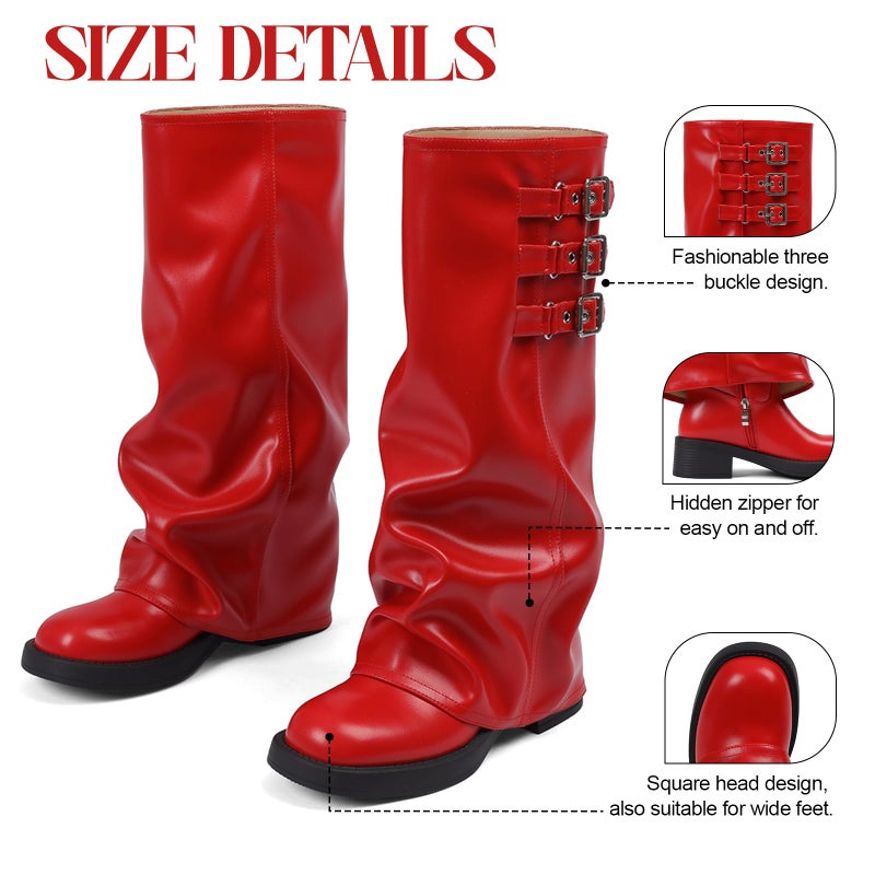 EQAUDES Fall Red Fold Over Boots Women's Knee High Slouchy Buckle - Tall, Faux Leather, Square Toe, Chunky, Fashion Pleated, Slip-on, Rave, Biker Boots - Image 5