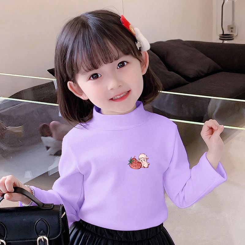 Girls' Semi-High Collar Velvet Casual Long-Sleeved T-Shirt Autumn New Arrival Medium And Large Children'S Wear Cartoon Printed Western Style Girls' Trendy T-Shirt - Image 1
