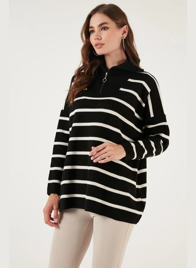 Lela Lela Striped Half Zipper Oversize Knitwear Sweater Women's SWEATER 4616080