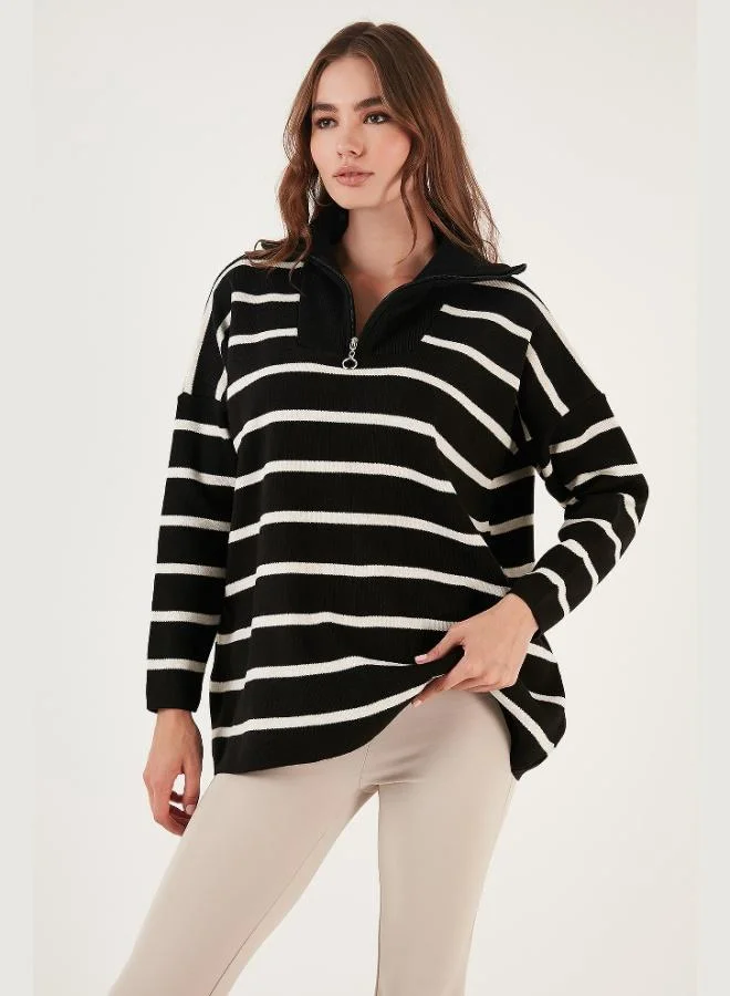 Lela Lela Striped Half Zipper Oversize Knitwear Sweater Women's SWEATER 4616080