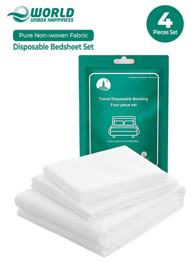 Eworld 4 PCS Breathable and Lightweight Disposable Bed Sheet Set, Ultimate Travel Bedding Set with 1 Quilt Cover, 1 Sheet, and 2 Pillowcases, Perfect for Travel, Business Trips, Spa, and Hotel Stays White  - Image 1