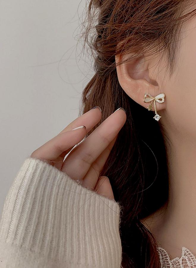 Take Two Gold Bow Stud Earrings with Crystal Dangle - Image 3