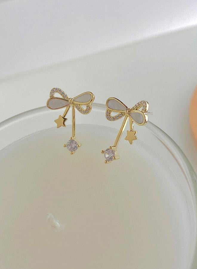 Take Two Gold Bow Stud Earrings with Crystal Dangle - Image 2
