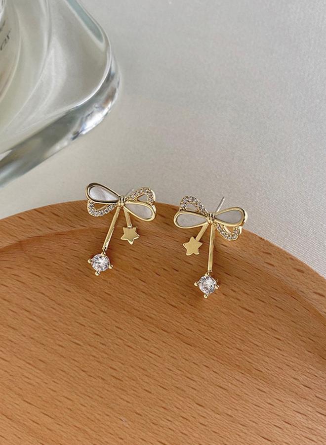 Take Two Gold Bow Stud Earrings with Crystal Dangle - Image 1